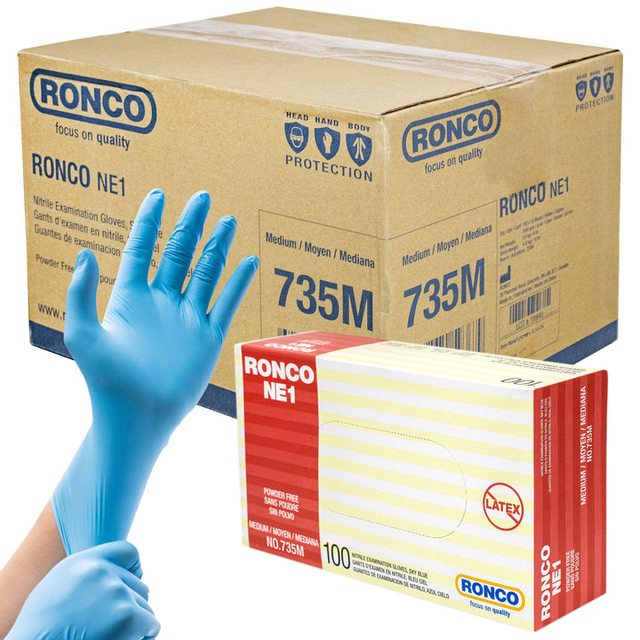RONCO NE1, Sky Blue Nitrile Examination Glove (3 mil); 100/box, 10 boxes per Case