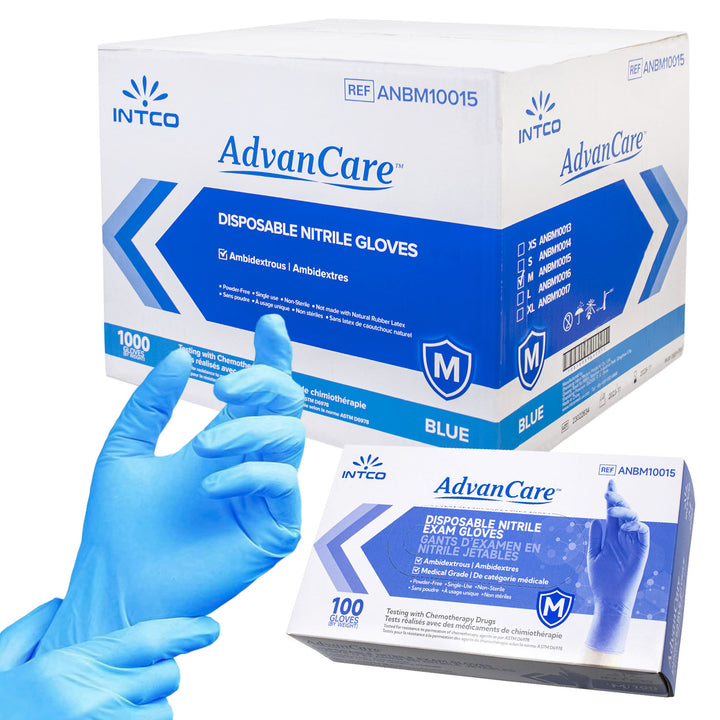 Intco AdvanCare Blue Nitrile Exam Gloves - 10 Boxes Per Case