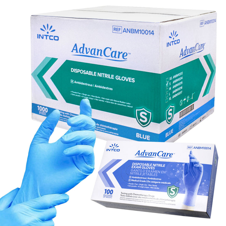 Intco AdvanCare Blue Nitrile Exam Gloves - 10 Boxes Per Case