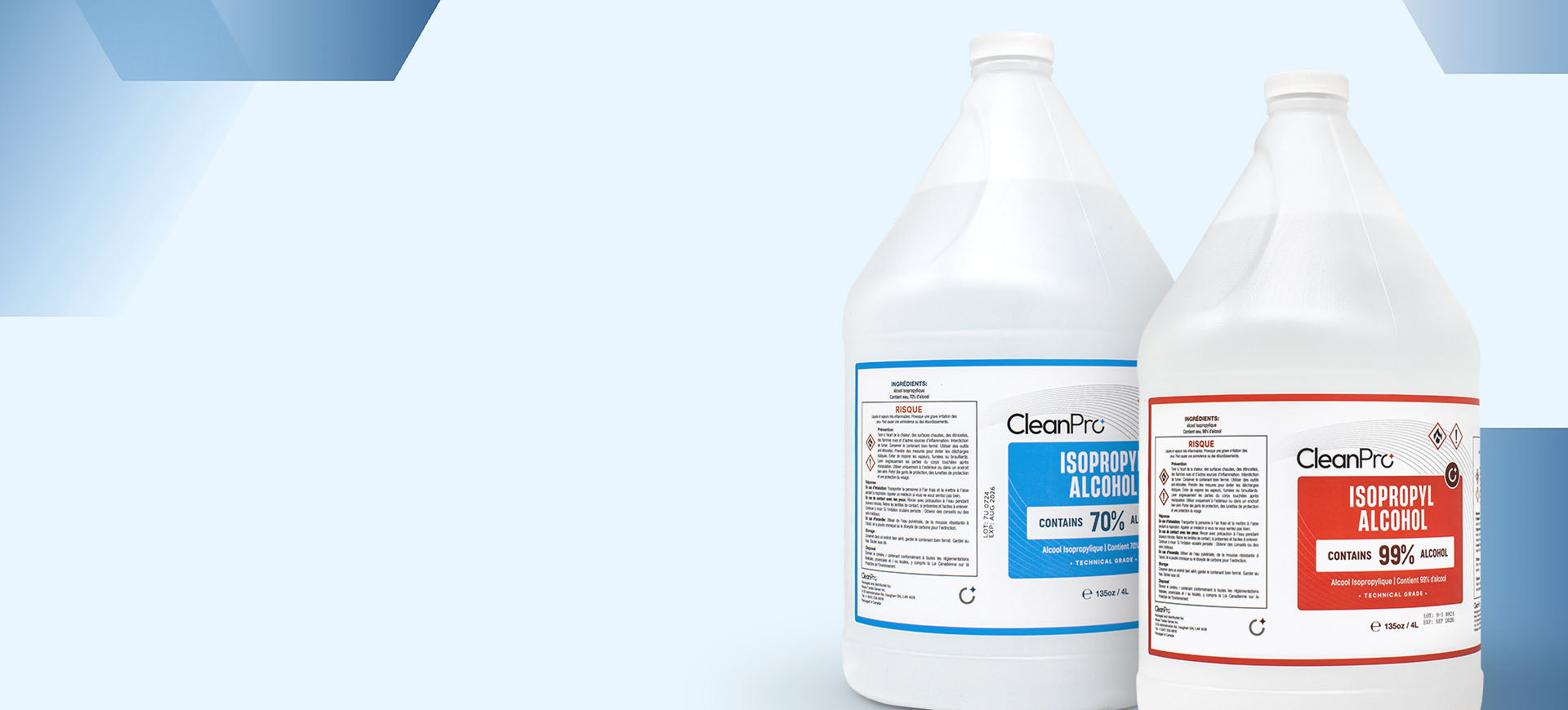 CleanPro 4L Isopropyl Alcohol bottles in 70% and 99% concentrations, ideal for cleaning and disinfection.