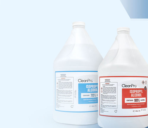 CleanPro 4L Isopropyl Alcohol bottles in 70% and 99% concentrations, ideal for cleaning and disinfection.