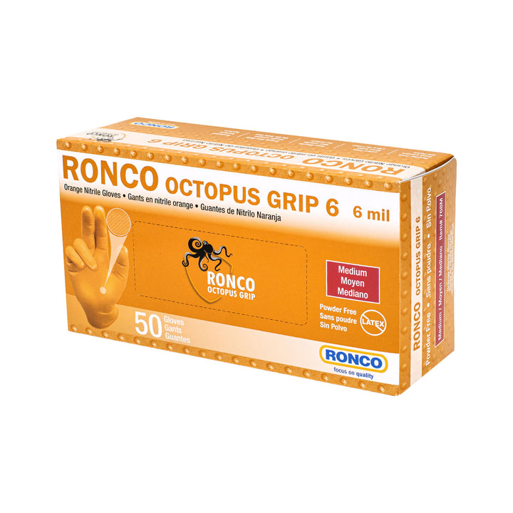 Ronco Octopus Grip, Orange Nitrile Examination Glove (6 mil); 50/box,10 boxes per Case