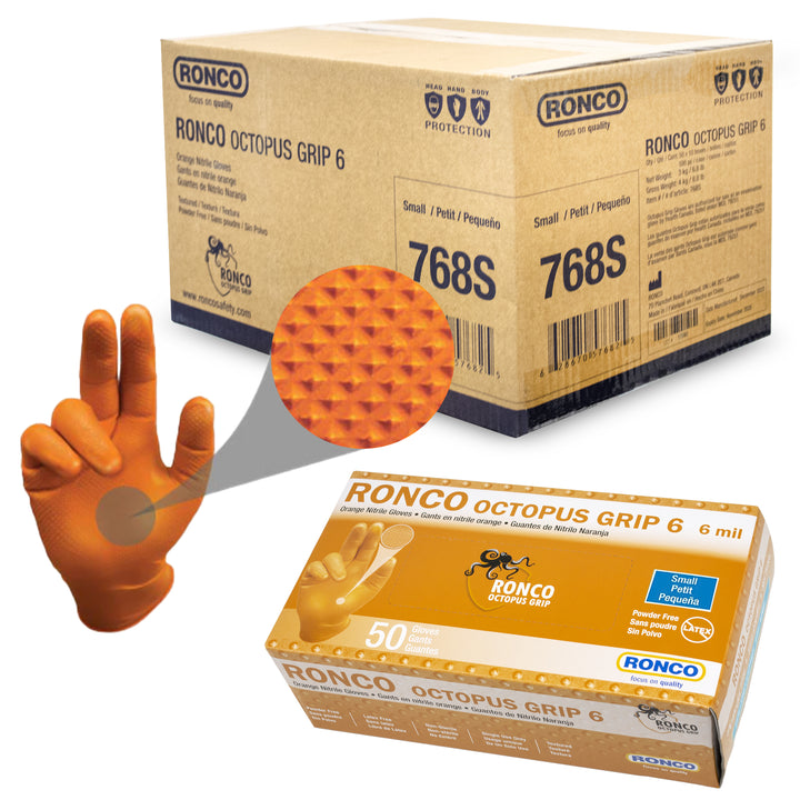 Ronco Octopus Grip, Orange Nitrile Examination Glove (6 mil); 50/box,10 boxes per Case