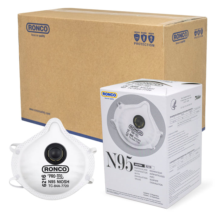 RONCO Pro-Tec 6216 N95 Respirator Mask with Valve, NIOSH Approved, Case of 240 (20 Boxes)