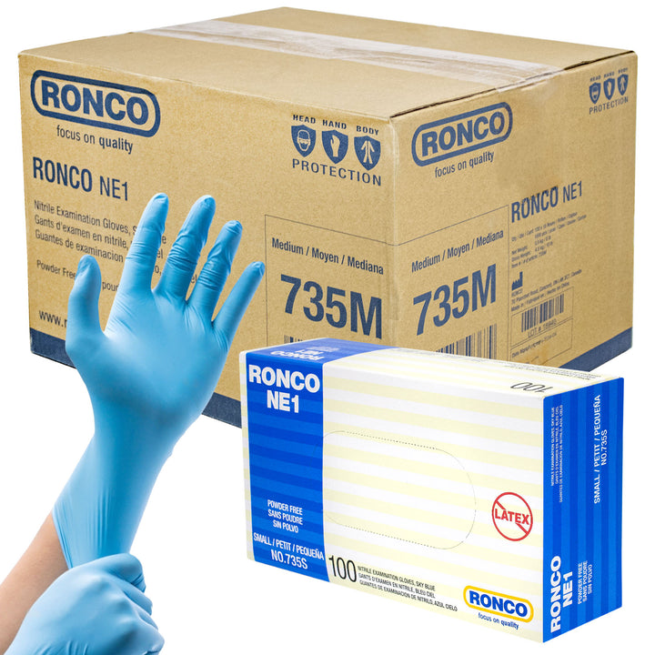 RONCO NE1, Sky Blue Nitrile Examination Glove (3 mil); 100/box, 10 boxes per Case