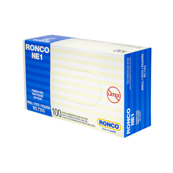 RONCO NE1, Sky Blue Nitrile Examination Glove (3 mil); 100/box, 10 boxes per Case