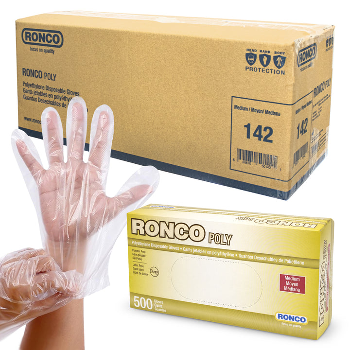 RONCO POLY Polyethylene Disposable Glove; 10,000 Gloves Per Case (Case of 20 Packs x 500 Gloves Per Bag)