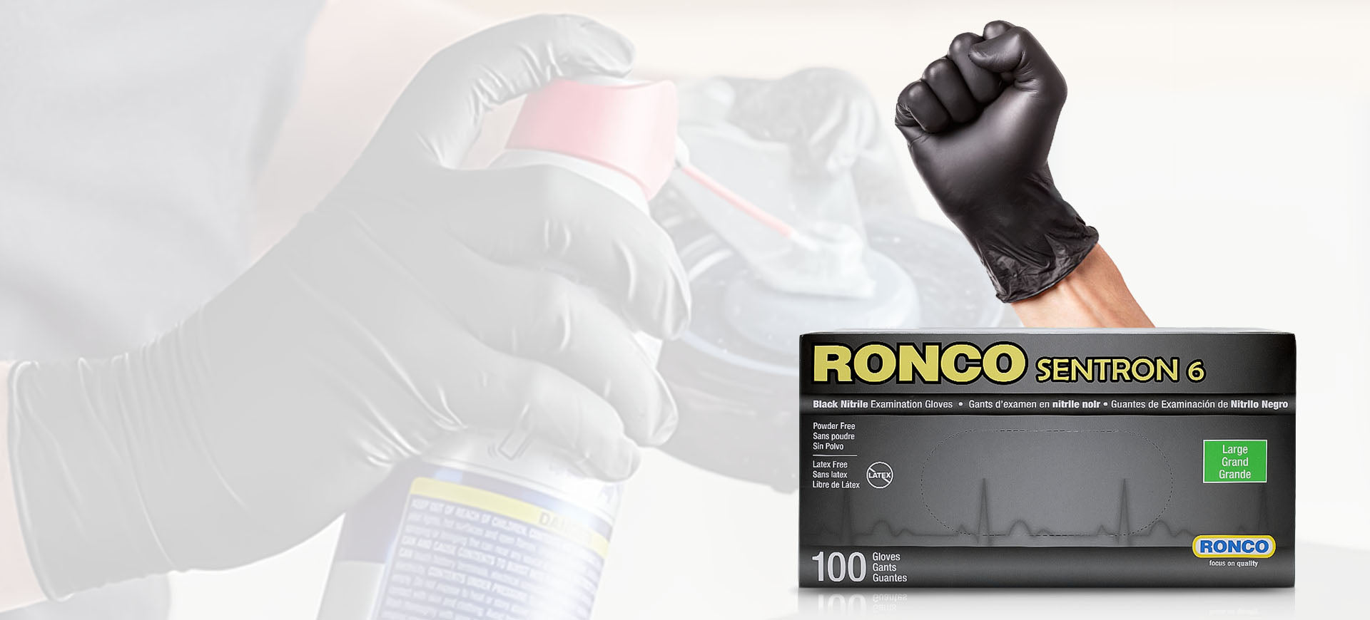 Ronco Sentron 6 black nitrile gloves, showcasing durability and superior protection.