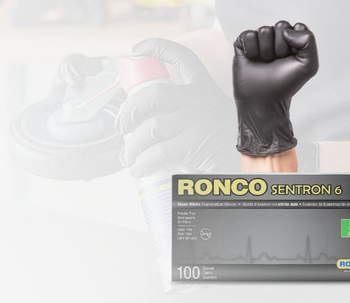 Ronco Sentron 6 black nitrile gloves, showcasing durability and superior protection.