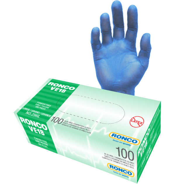 RONCO VE1B Vinyl Examination Glove (3 mil); 1000 Gloves Per Case (Case of 10 Packs x 100 Gloves Per Bag)