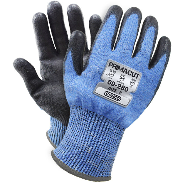 RONCO PrimaCut™ 69-280 PU Palm Coated HPPE Glove Cut Level: ANSI A6; 24 Pairs Per Case (Case of 4 Bags x 6 Pairs Per Bag)