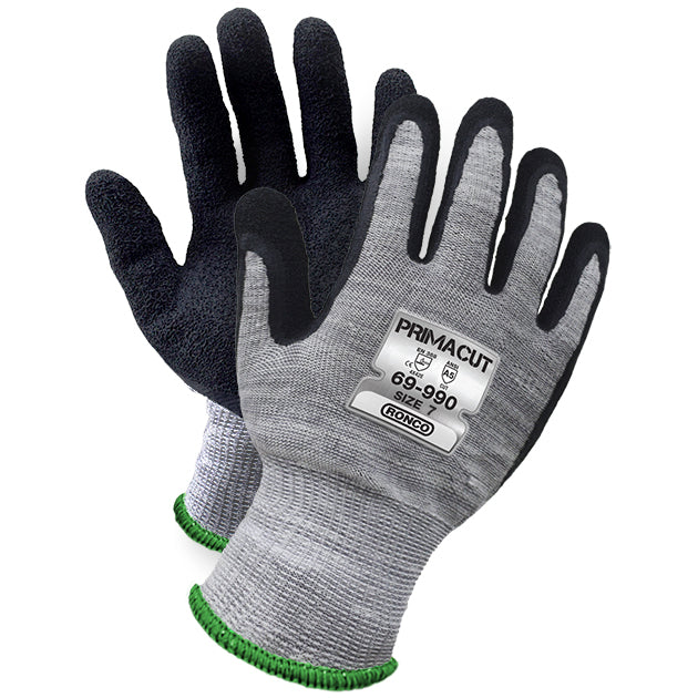 RONCO PrimaCut™ 69-990 Latex Palm Coated HPPE Gloves Cut Level: ANSI A5; 24 Pairs Per Case (Case of 4 Bags x 6 Pairs Per Bag)