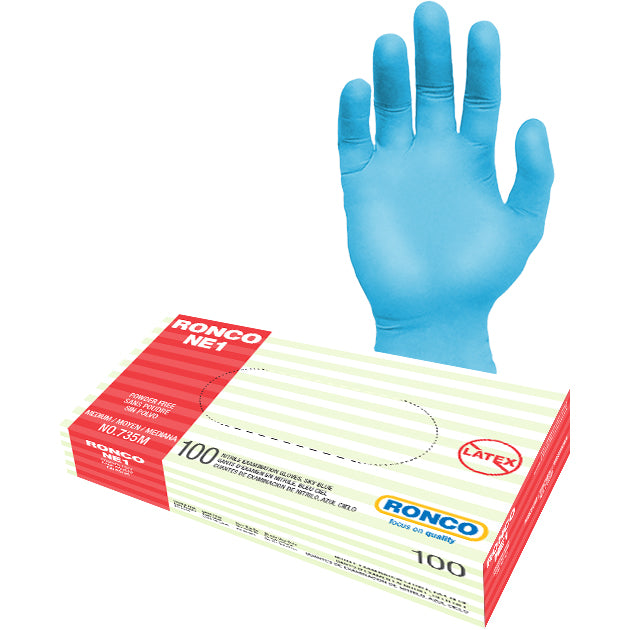 RONCO NE1, Sky Blue Nitrile Examination Glove (3 mil); 100/box, 10 boxes per Case