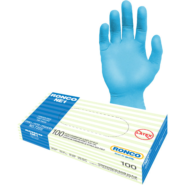 RONCO NE1, Sky Blue Nitrile Examination Glove (3 mil); 100/box, 10 boxes per Case