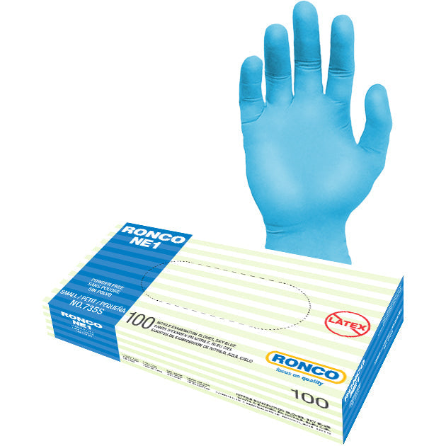 X- Large size RONCO NE1, Sky Blue Nitrile Examination Glove (3 mil); 100/box, 10 boxes per case