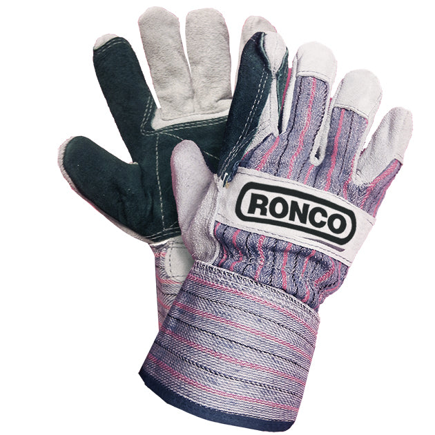 RONCO Split Leather Fitter Double Palm With Safety Cuff; 72 Pairs Per Case (Case of 6 Bags x 12 Pairs Per Bag)