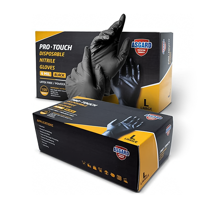 Asgard Pro Touch 6mil Black Nitrile Gloves,  100/box - Case of 1000 Gloves - 10 Packs x 100 Gloves