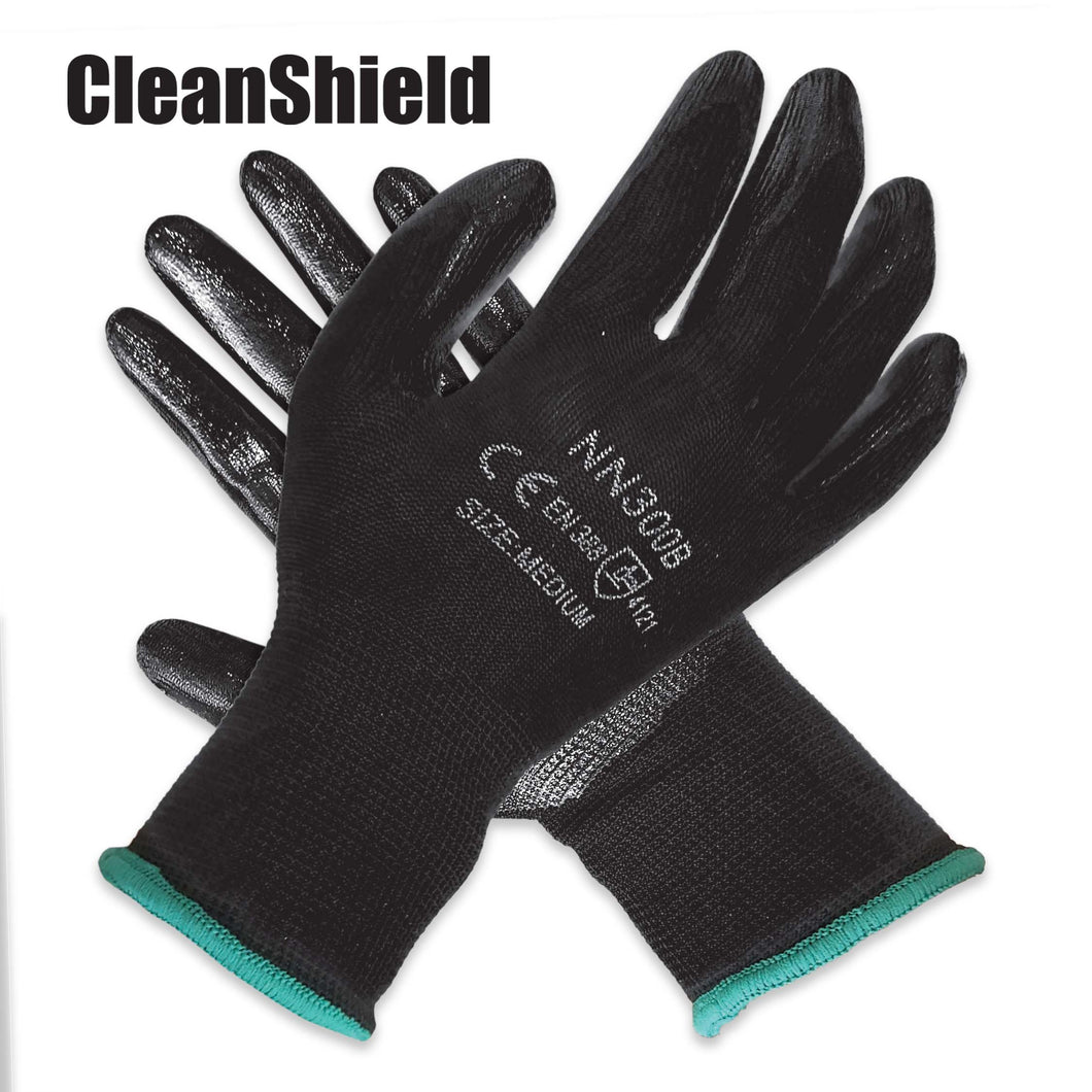Nitrile 1/2 Coated Nylon Gloves Black. 12 pairs/bag