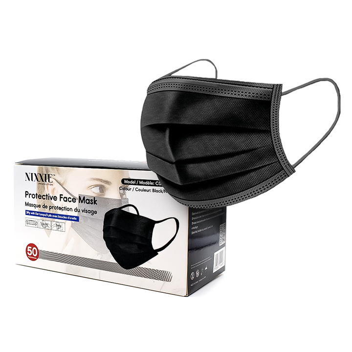 Premium Nixxie Protection™ Black Disposable Masks 3 Ply ; Case of 2000 Masks - 40 Packs x 50 Masks